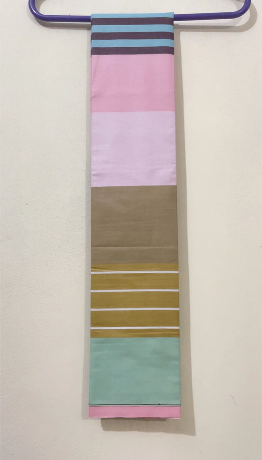 Multicolor premium cotton lungi featuring pink, sky blue, mustard yellow, and beige stripes – Royal Culture Bangladesh